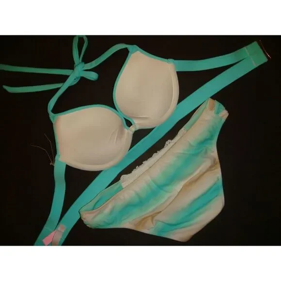 Victoria's Secret banded 32B,34B BIKINI XS bottom SEAFOAM GREEN white lace beige